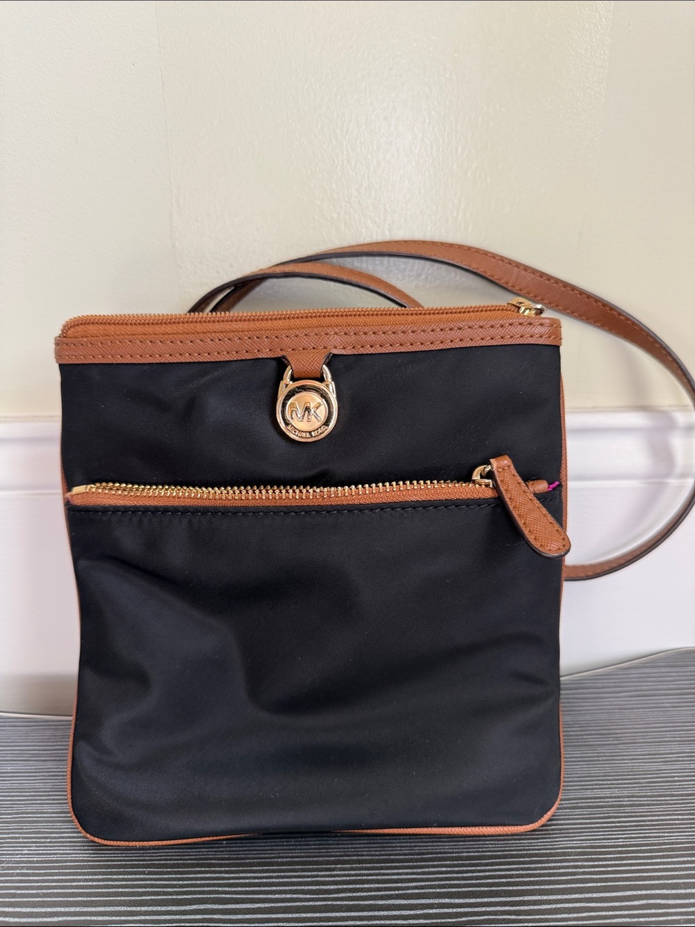 Michael Kors Black and Brown Nylon Crossbody Bag